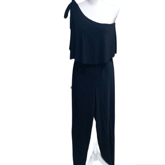 Emma & Michele Black One Shoulder Jumpsuit Wide Leg Whimsigoth Coquette Sz Small - Picture 2 of 9